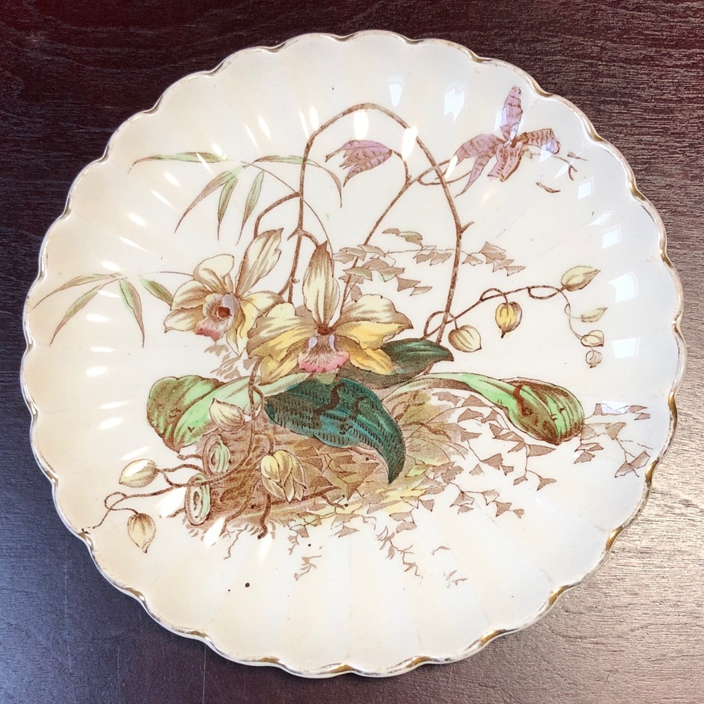 Flora Plate Aesthetic Movement China Orchid Iris Vintage Dish Scalloped Edge